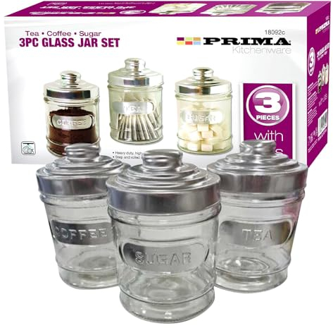Pack Of 3 Glass Canisters Set - Coffee, Tea & Sugar See Through Canisters | Modern, Eye catching Design | Suitable For Kitchens & Homes | Food Storage & Organisers | Stainless Steel Lids