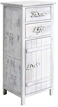 Rebecca Mobili Petit Armoire Blanc, Meuble de Rangement Salle de Bain, 1 Porte 2 Tiroirs, Bois, Style Shabby, pour decorer Chambre – Dimensions: 84 x 37 x p 31 cm (HxLxL) - Art. RE4575