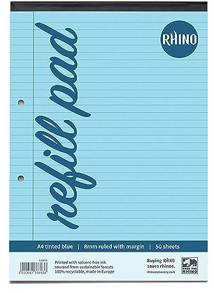 RHINO A4 Refill Pad, Writing Pad, 100 Page / 8mm Lined, 1 Pack, Blue Lined Writing Paper for Dyslexia & SEN, Office & School Stationery Supplies