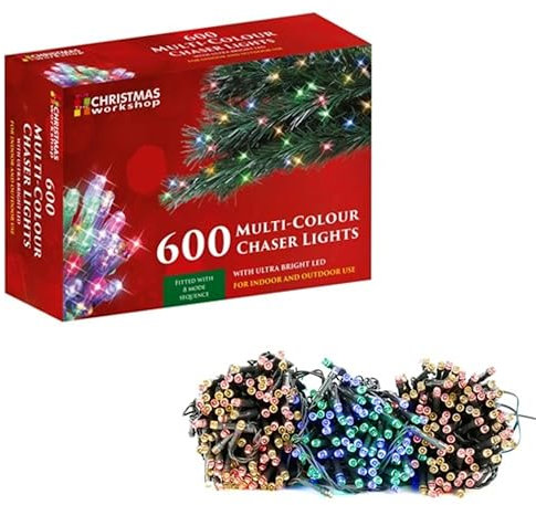 The Christmas Workshop 77570 600 Multi-Coloured LED Chaser Christmas Lights / Indoor or Outdoor Fairy Lights / 41.9 Metres / 8 Light Modes / Great For Christmas, Weddings & Gardens