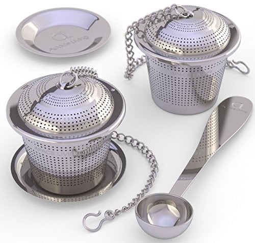 Apace Loose Leaf Tea Infuser (Set of 2) with Tea Scoop and Drip Tray - Ultra Fine Stainless Steel Strainer & Steeper