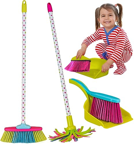 The Magic Toy Shop 4-Piece Kids Cleaning Set – Includes Broom, Mop, Hand Brush & Dustpan – Bright Colours & Perfect Size for Small Hands – Ideal Role Play Toys for Children Aged 3 and Above