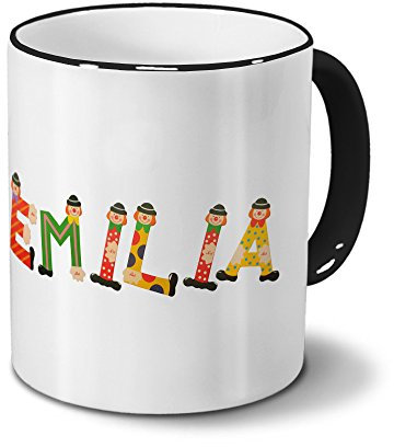 printplanet Tasse mit Namen Emilia - Motiv Holzbuchstaben - Namenstasse, Kaffeebecher, Mug, Becher, Kaffeetasse - Farbe Schwarz