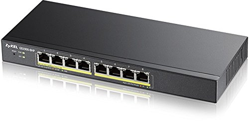 Zyxel 8-porte Gigabit PoE Switch | Gestione Smart | Montaggio a parete/da tavolo e senza ventola | 8 porte PoE+ con budget da 70 W | VLAN, IGMP, QoS | Garanzia a vita [GS1900-8HP]