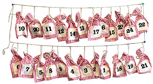 Multistore 2002 Adventskalender Weihnachtskalender - 24 Säckchen an Schnur, 220cm, Rot/Weiß, zum selber befüllen | Weihnachtskalender, Zum selber befüllen