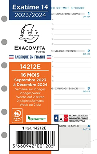 Exacompta – 14212E – Recharge Exatime 14 – 12,6 cm x 8,1 cm – Die Woche auf 2 horizontalen Seiten – September 2023 bis Dezember 2024