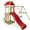WICKEY Aire de Jeux FreeFlyer portique en Bois avec balançoire et Toboggan Rouge, Tour d'escalade pour Enfants avec bac à Sable, échelle et Accessoires de Jeu pour Le Jardin.