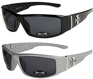X-CRUZE Choppers - Lot de 2 paires de lunettes de soleil moto motard biker unisexe femmes hommes - 1x Modèle 01 (noir brillant/teinte noir) et 1x Modèle 06 (argent mat/teinte noir) - Modèle 01 + 06 -