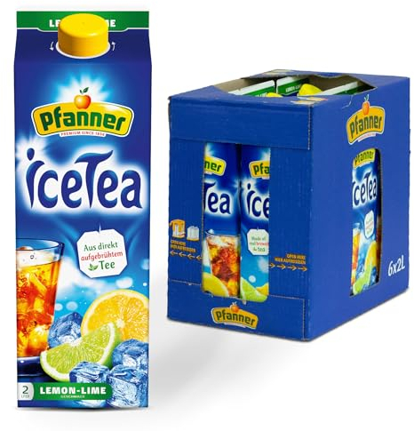 Pfanner Eistee Zitrone – 6 x 2 l Tetra Pak- direkt aufgebrühter Tee mit Limetten- und Zitronensaft – Vorratspack