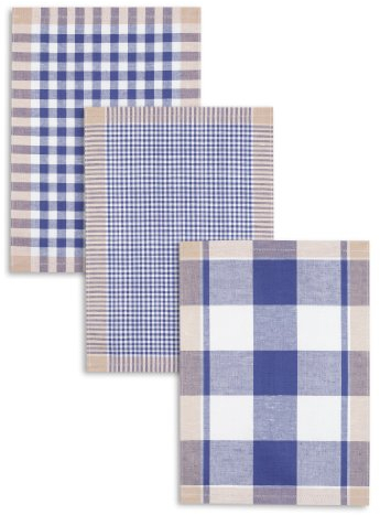 Kracht 3-er Pack Jacquard Geschirrtuch, Halbleinen, Karo sortiert, blau, 50x70cm