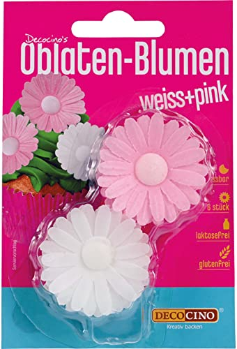DECOCINO Oblaten-Blumen in Pink & Weiß, mit 3D-Effekt (1 x 6 Stk.) – essbare Blumen für Hochzeits- & Geburtstags-Deko auf Torten, Kuchen, Cup-Cakes uvm!