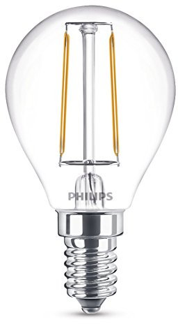 Philips LED Classic Filament Mini-Globe Warm White Light Bulb, Glass, Clear, E14, 2 W