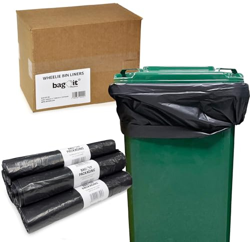 Bag It Plastics 50 Wheelie Bin Liners 240L – Leak Proof & Tear Resistant | Medium Duty Refuse Sacks & Large Bin Bags for Gardens, and Outside Bins | 30” x 46” Wide x 53” Long.