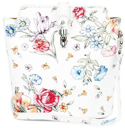Belli kleine italienische Ledertasche Damen Umhängetasche Handtasche Schultertasche in weiß blume - 18x20x8 cm (B x H x T)