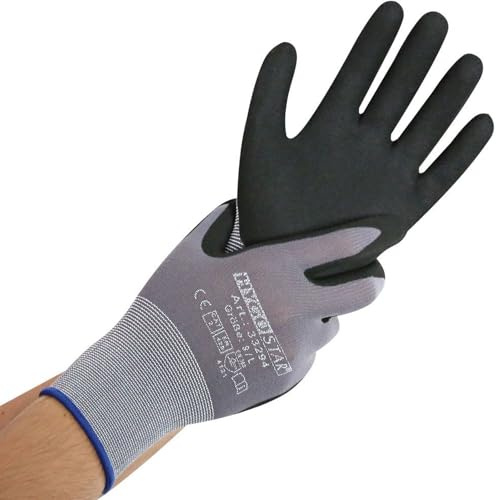 6 Paar Ergonomische Arbeitshandschuhe |Größe 8 /M | Ergo Flex | Nylon Feinstrick Handschuh | Sicherheitsklasse II | Nitril Innenseite | grau- schwarz