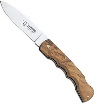 Cudeman Navaja 334-L hoja de acero ACX-380 de 8 cm y empuñadura de madera de olivo satinado de 10,5 cm para caza, pesca, supervivencia y bushcraft + Portabotellas regalo