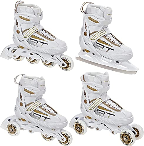 RAVEN Profession 4in1 Inlineskates Triskates Rollschuhe Schlittschuhe Inliner für Kinder und Erwachsene verstellbar (White/Gold, 35-39 (23cm-25,5cm))