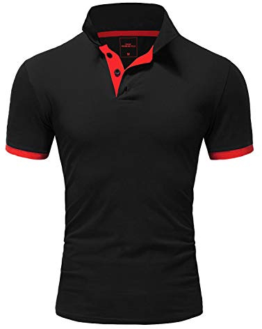 Amaci&Sons Herren Poloshirt Basic Kontrast Kragen Kurzarm Polohemd T-Shirt 5104 Schwarz/Rot 4XL