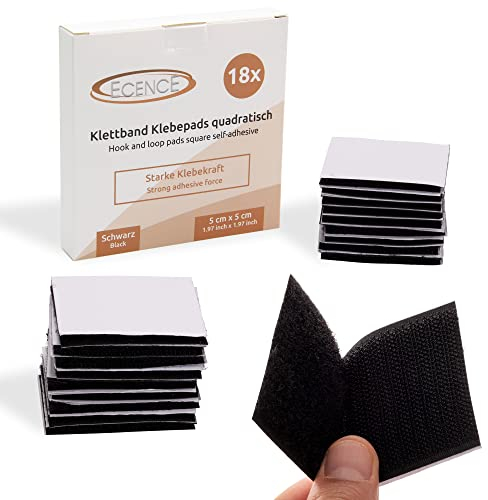 ECENCE 18x Klettband selbstklebend, quadratisch Klettverschluss selbstklebend Klebepads für Wände, Boden, Türen, Auto, extra stark Schwarz