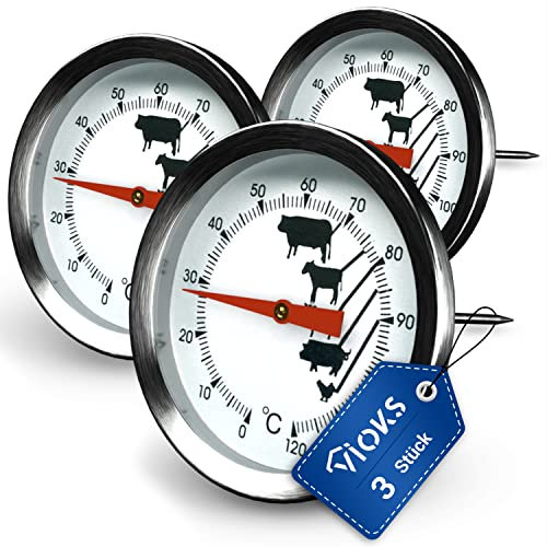 VIOKS Set 3x Steak Thermometer 0 bis +120°C - Edelstahl Fleischthermometer Backofen 43 mmØ mit Einstechfühler 130 mm - Thermometer Fleisch zur Temperaturmessung verschiedener Fleischsorten