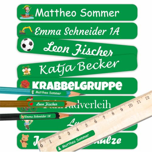 INDIGOS UG - Namensaufkleber Kinder Schule grün - 60 Sticker - 5 x 1,5cm - Namensschilder personalisiert für KITA, Kindergarten - Aufkleber selbst gestalten - Stifte, Hefte, Federmappe