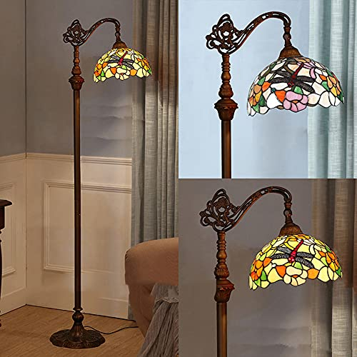 LED Tiffany Wohnzimmer Stehleuchte Mit Schalter Retro Stehlampe mit Libelle Buntglasschirm Vintage Stehleuchte für Schlafzimmer Cafe E27 Ø30CM verstellbare Buntglas Lampenfassung 165CM MAX40W …