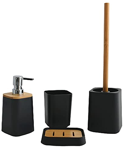 MSV Badezimmer Set, 4-teiliges Badzubehör aus Kunststoff Kamla Seifenspender, WC Bürste, Seifenschale und Zahnputzbecher matt Schwarz Bambus