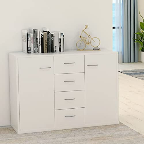 BIGTO Cabinet With 4 drawers and 2 doors, Chipboard Sideboard Cupboard Living Room Furntain White 88x30x65 cm