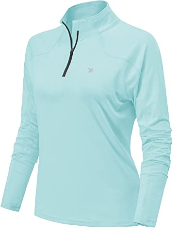 YSENTO Damen Sportshirt Langarm Laufshirt Schnelltrocknend T-Shirt Fitness Yoga Training Langarmshirts mit 1/4 Reißverschluss(Himmelblau,L)