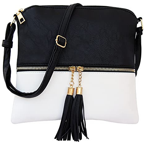 Damen Crossbody Tasche mit Quaste - Schultertasche Handtasche für Damen, Quastentasche Schwarz und Weiß, 25x24x2.45cm (9.7x9.3x1 Inch)