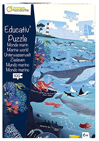 Avenue Mandarine PU024C - Lernpuzzle mit 100 Teilen auf Karton 2,25 mm, ideal für Kinder ab 6 Jahren, Poster und Übersetzungen inkl, 1 Stück, Unterwasserwelt