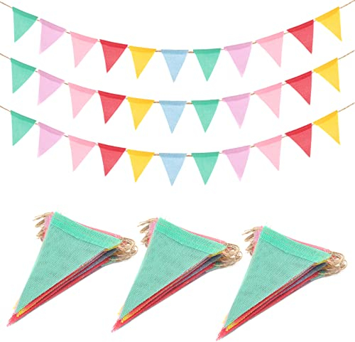 jijAcraft Wimpelkette Outdoor Wetterfest Bunt, 12M Wimpelkette Garten, Jute Wimpelgirlande mit 36 Stück Wimpel, 3 Stück Girlande Pastell für Geburtstagsfeier, Gartenparty, Camping