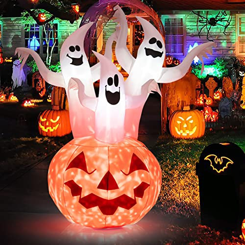 COSTWAY 182cm Aufblasbarer Halloween-Kürbis mit 3 Geistern, Halloween-Dekoration mit LED-Leuchten, für Hausgarten Rasen Garten Party, Outdoor-Ornamente, Selbstaufblasend