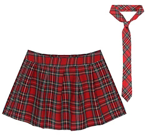 IEFIEL Sexy Mini Jupe Femmes Costume Robe Courte A Carreau Uniforme Écolière Jeu de Rôle Rouge S-4XL Avec Cravate S