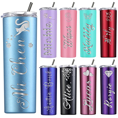 Bicchieri personalizzati con coperchi e cannucce, bicchiere skinny inciso personalizzato con nome personalizzato 20 once isolato regalo per donne, in acciaio inossidabile a doppia parete