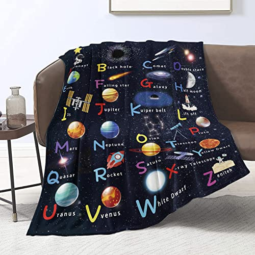 Alphabet Weltraum Astronauten Decke für Baby, Kleinkind, ABC Planet, Überwurf, Decken, Raumschiff, Rakete, Sonnensystem, Decke, Geschenke für Neugeborene, Galaxie-Decke für Schulnapf, 81.3x12 cm