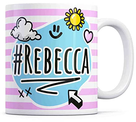 Tazletree Rebecca Mug. Pink and Blue Happy Doodle Design Standout Coffee Cup.
