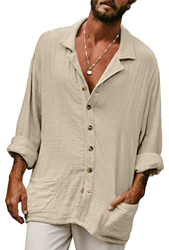 YAOHUOLE Herren Leinen Sommerhemd Henley Fit Freizeit Leinenhemd Khaki 2XL