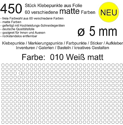 450 Stück Klebepunkte aus Folie (010 weiß matt) rund 5 mm selbstklebend wetterfest Aufkleber Etiketten Sticker Decal Inventur Museen Galerien Markierungen Organisieren DIY basteln verzieren Scrapbook