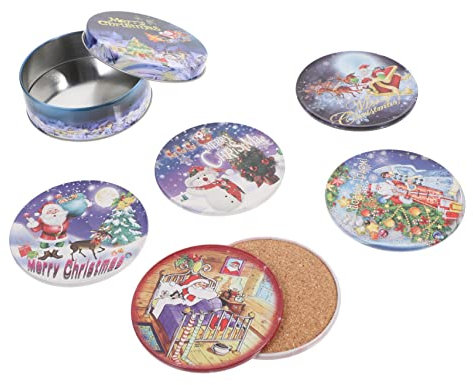BESTonZON Weihnachts-Tischsets Weihnachts-Tischsets 6 Weihnachtsmann- Weihnachtsbecher- Runde Weißblech- Für Getränke Für Getränke Für Esstisch Untersetzer