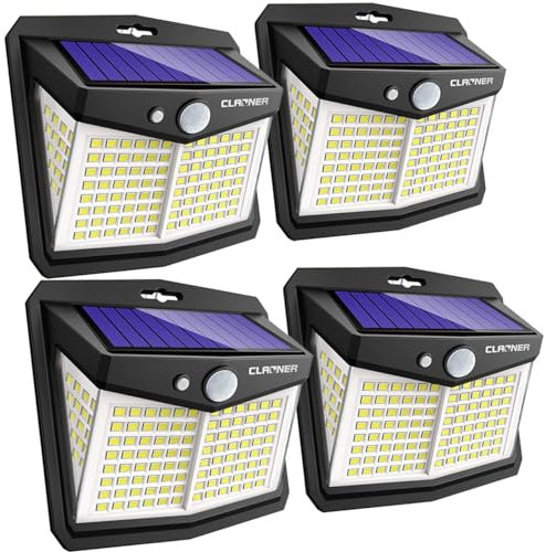 CLAONER Solar Powered Lights Outdoor, Upgraded Wireless 270° IP65 Solar Motion Sensor Security/Wall Light for Front Door, Yard, Garage, Garden, Cool White (4 Pack)