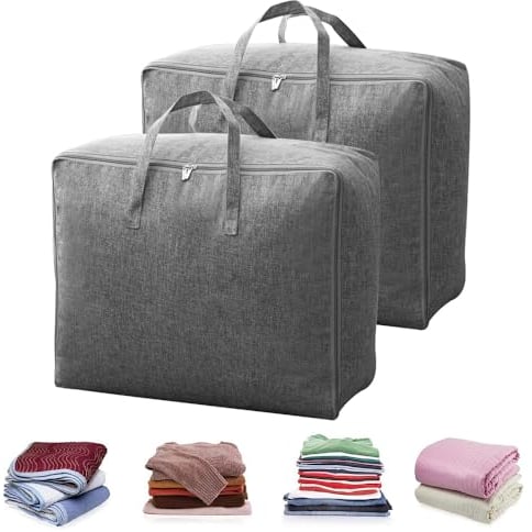 LANSKYLAN 2er Set Bettwäsche Tasche Aufbewahrung Bettzeug Tasche Unterwegs mit Reißverschluss Bett Aufbewahrungstasche ca. 60x50x28cm Große Bettwaren Taschen Beutel für Bettwäsche Bettdecken Kissen