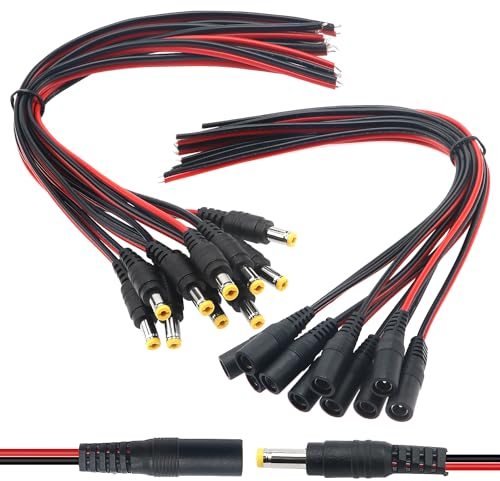 YIXISI 10 Paire 5.5 X 2.1mm DC Alimentation Pigtail Cables, DC Alimentation Queue de Cochon, Câbles d'alimentation DC Pigtail Mâle et Femelle, pour CCTV Sécurité Caméra