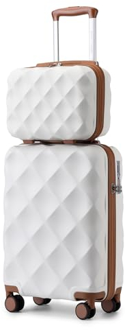 British Traveller Set de 2 Valise Cabine+Vanity Case Rigide, Valise Rigide Ultra Légère, Valise de Voyage avec roulettes 4x360 degrés et Serrure TSA (Blanc)