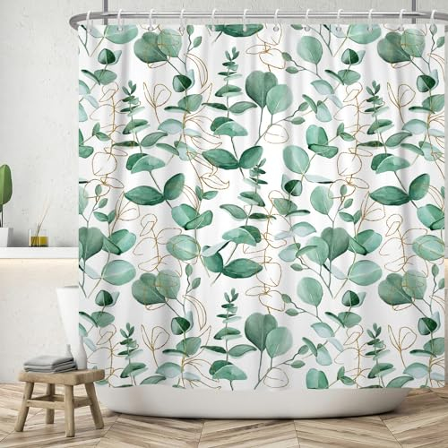 ASDCXZ Blätter Duschvorhang 120x200 cm, Frühling Einfachheit Grün Türkis Gold Blätter Weiß Bad Waschbar Duschvorhänge Polyester Textil Wasserdicht Badevorhang für Badewanne mit 8 Haken