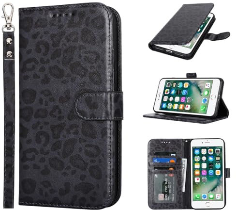 Zouzt Case for iPhone 8 Plus / 7 Plus (5.5 Inch), Premium PU Leather Wallet Case with Credit Card Holder Slot Flip Folio Kickstand Shockproof Protective Phone Cover (Black Leopard Pattern)