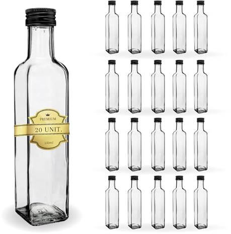 Espirito Rebelde 20 Botellas de Cristal 250ml con Tapón de Rosca Negro - Aceite de Oliva, Vinagre, Alcohol, Salsas - Aceitera de Cristal