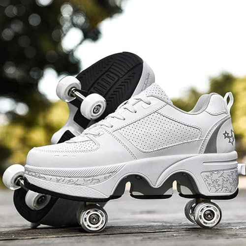 Rollschuhe für Kinder, verstellbare Rollerskates für Mädchen, Quad-Skates-Deformationstrainer für Erwachsene und Anfänger, Turnschuhe mit unsichtbarem Rad für Jungen (Weiß, EU 34)