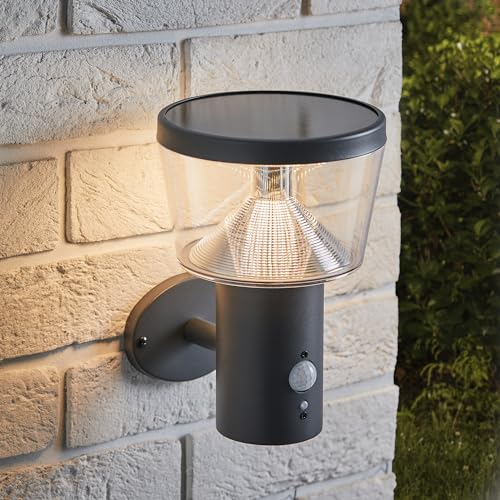 Lights4fun LED Solar Wandleuchte mit Bewegungssensor Modern Schwarz Wandlicht Metall Solar Aussenleuchte mit Bewegungsmelder Bewegungsmelder Aussen