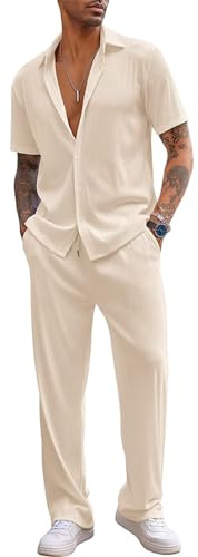 aromm Hombre 2 Piezas Trajes Casuales Manga Corta Camisa Abotonada & Drawstring Pantalón Suave Verano Traje